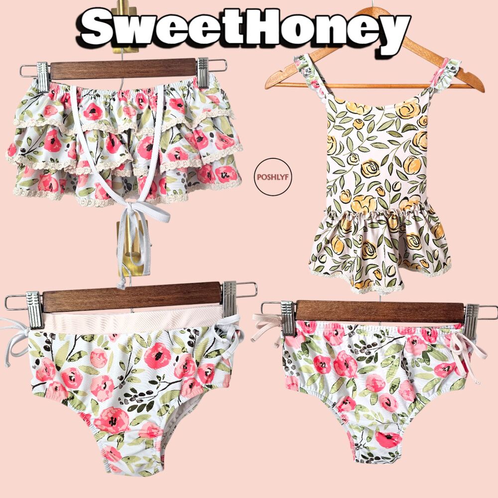 SweetHoney Kids Floral Swim Two Piece Ruffle Tank Set Bundle 10Y